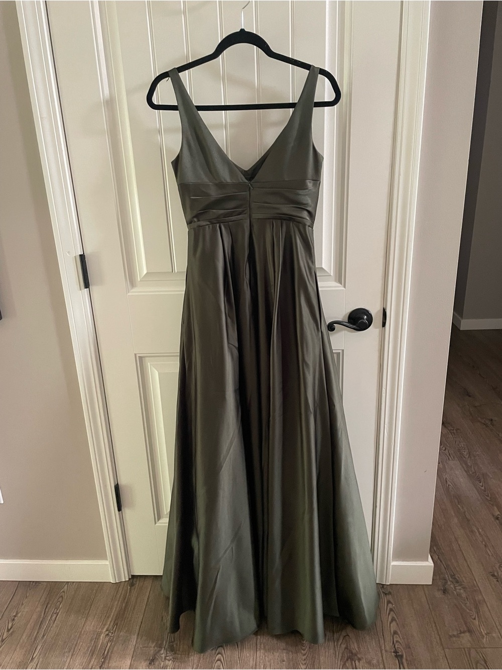 David's Bridal Olive Green V-Neck Satin Prom Gown